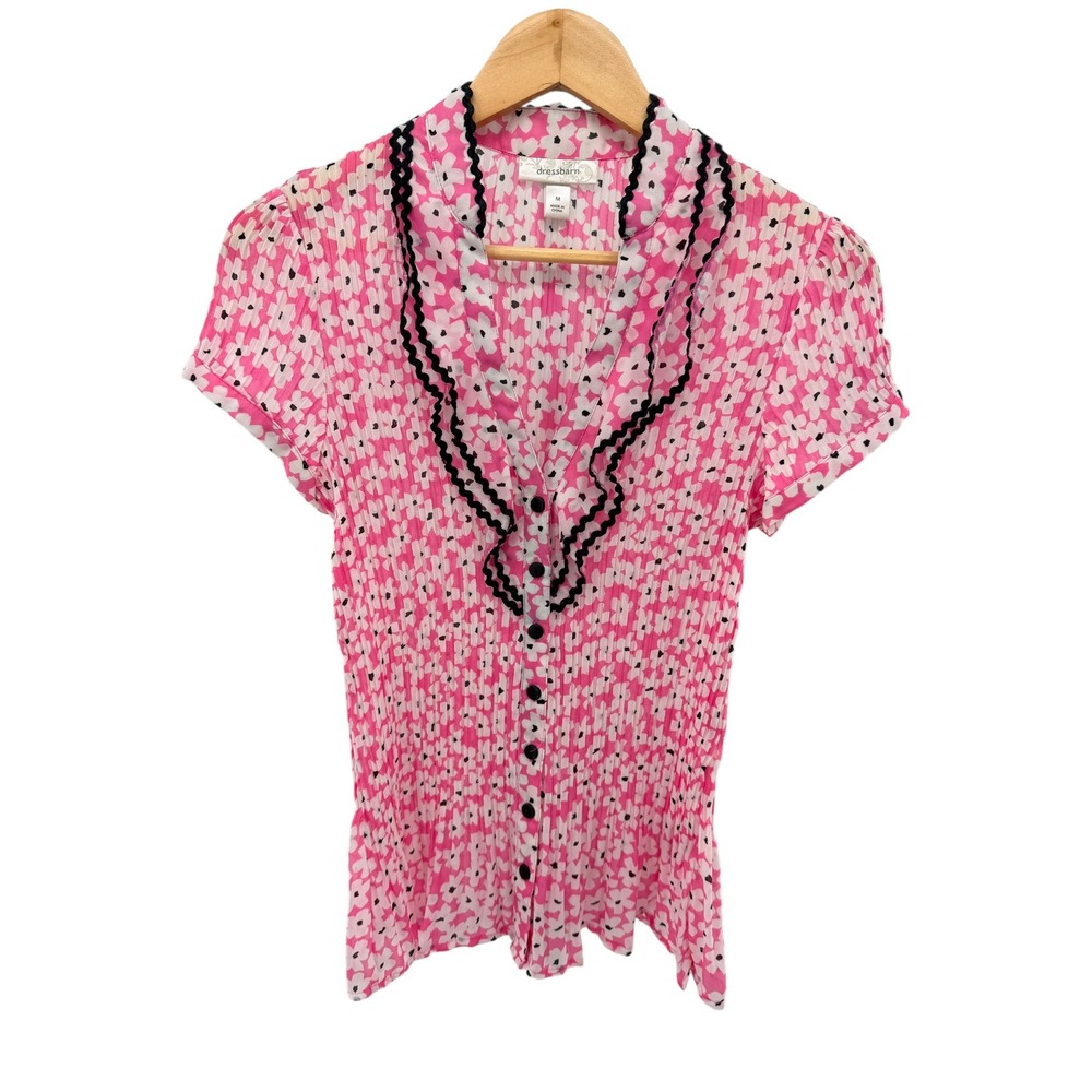Dressbarn Pink Floral Pleated‎ Ruffle Button Blouse Romantic Cottagecore M